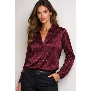 Ann Taylor Blouse Womens S Burgundy Polka Dot Satin Work Office Romantic